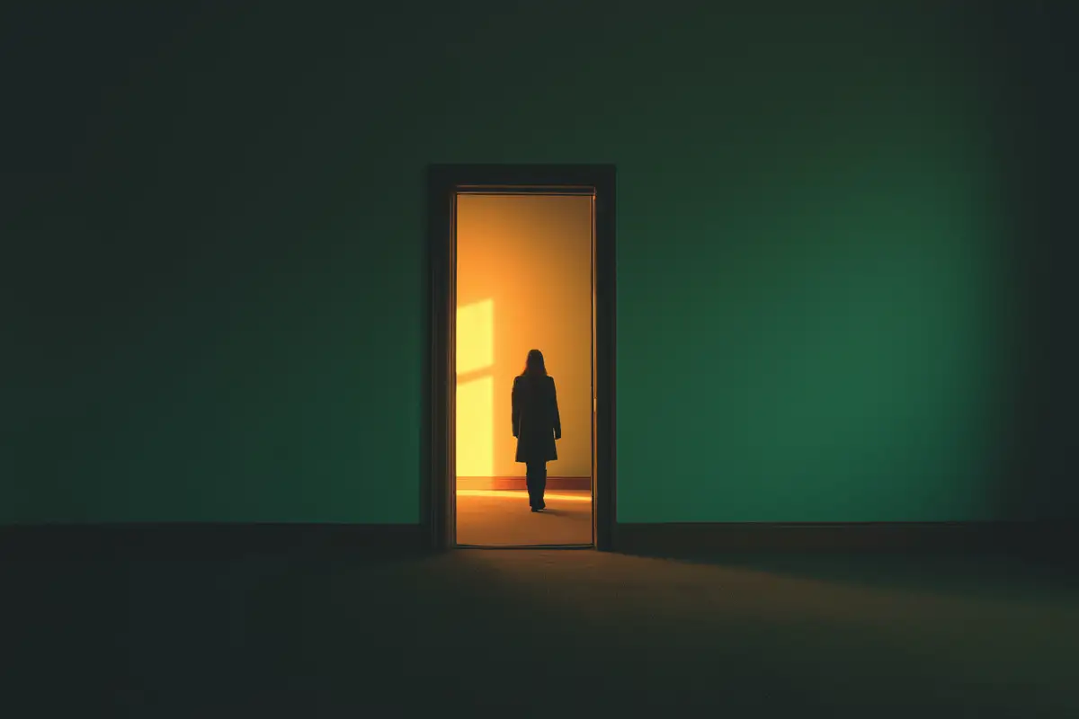 Seuil de porte en clair-obscur aux tons vert sourd et pierre, composition abstraite évoquant un passage