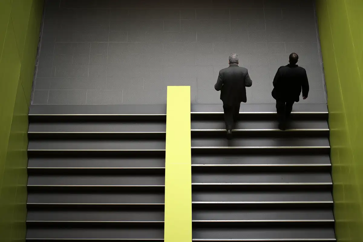 Deux escaliers divergeants vus de dessus, composition graphique en tons pierre et vert sauge