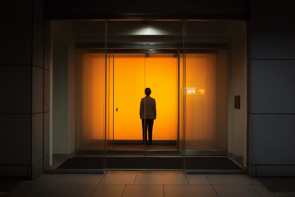 Porte verrouillée dans un couloir en demi-jour, composition aux tons vert sombre et pierre