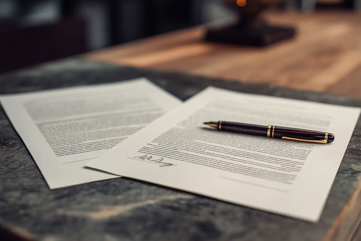 Document de statuts posé sur une surface minérale, composition abstraite évoquant un acte juridique