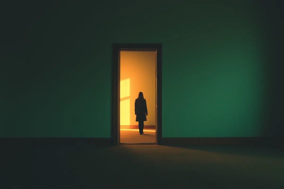 Seuil de porte en contre-jour, passage entre deux espaces, lumière douce