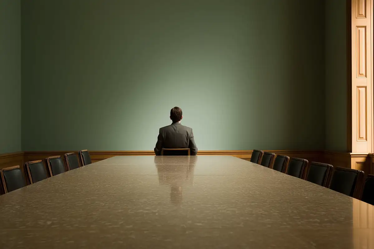 Salle de réunion vide au crépuscule, grande table, lumière douce et ambiance silencieuse