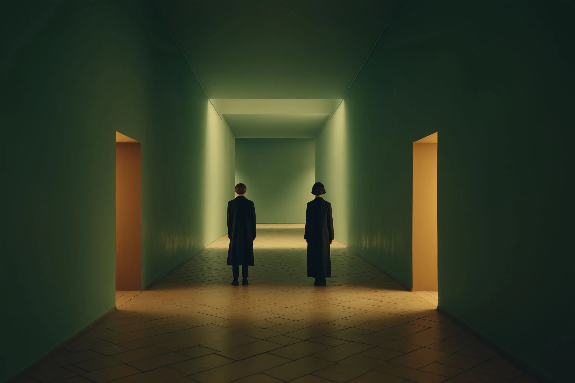 Deux silhouettes de dos dans un couloir, distantes l'une de l'autre