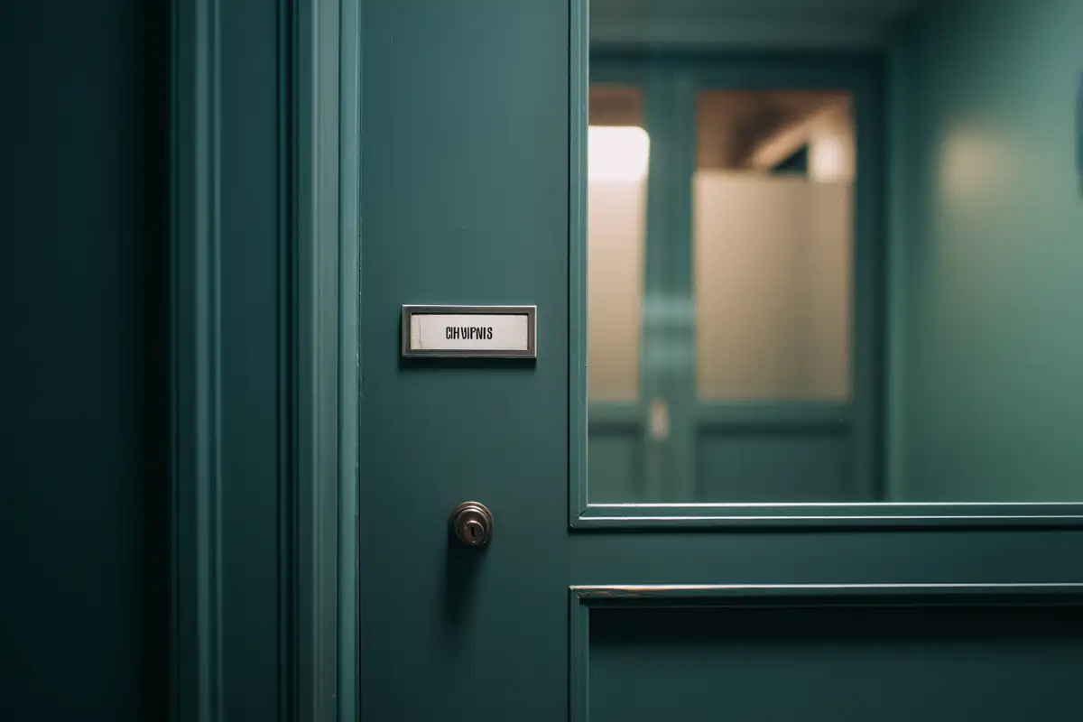 Plaque nominative retirée sur un mur neutre, marquant l'effacement d'un rôle